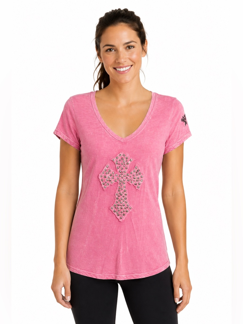 Y2K Velvet Stone Pink Studded Embellished Distressed Cross Tee Size Medium
